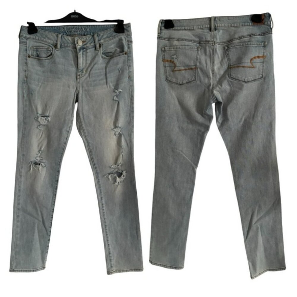 👛 (ANY 2/$25) AMERICAN EAGLE Faded Blue Distressed Skinny Jeans, 10